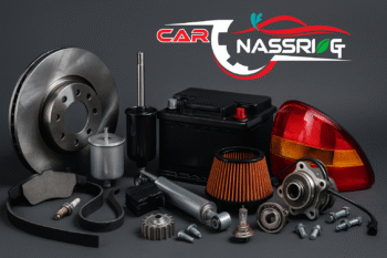 Verschiedene hochwertige Autoteile wie Bremsscheiben, Filter, Batterie und Stoßdämpfer, arrangiert vor dunklem Hintergrund mit Nassri GT Car Logo.